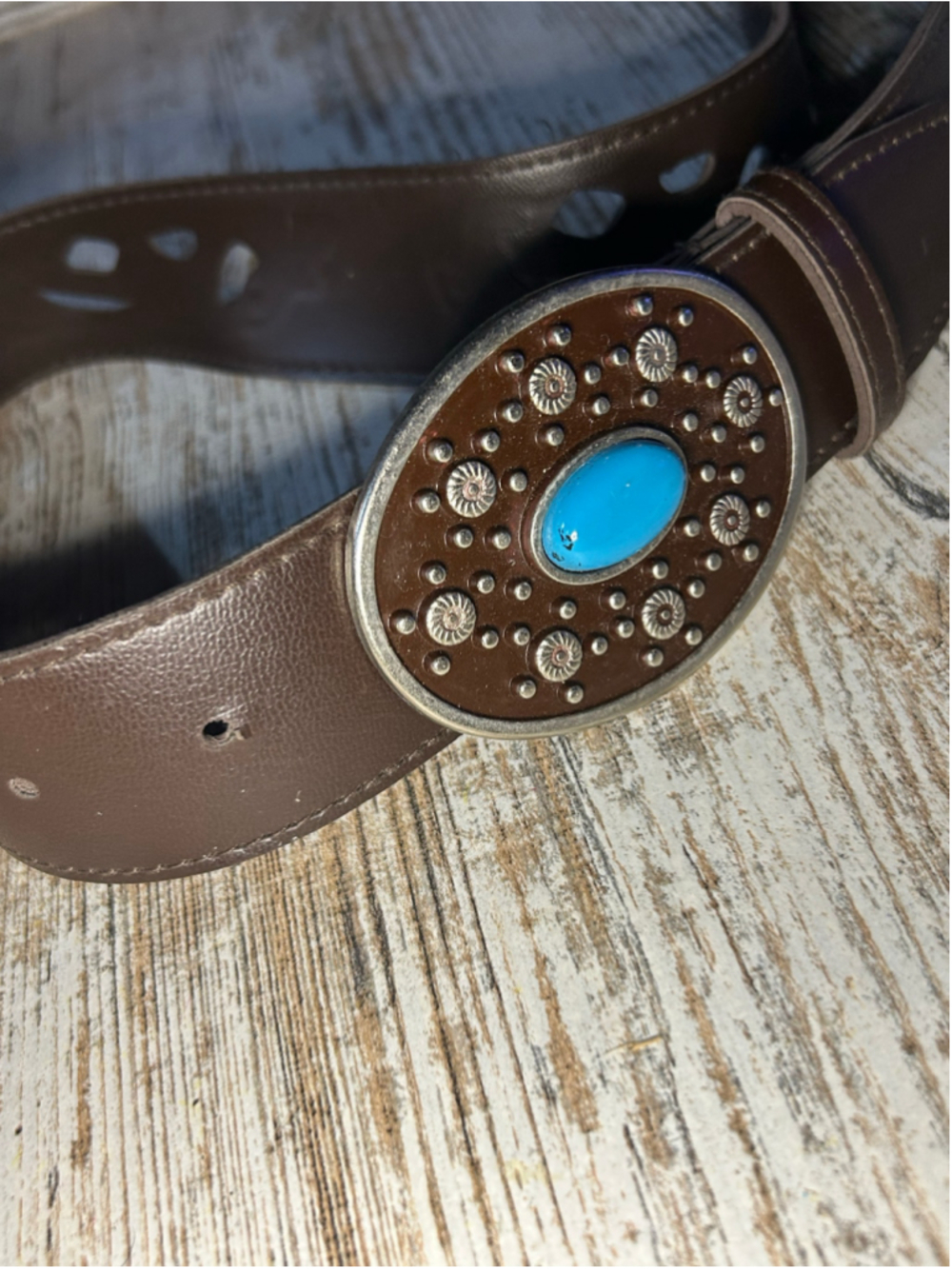 Women's Unbranded Brown Belt with Blue Stone Buckle, One Size - Picture 2 of 4